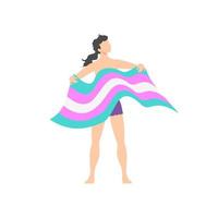 Transgender Non-Binary Long Haired Brunet Person With Head Proudly Raised, in Ripped Shorts, Holding a Waving Transgender Community Flag