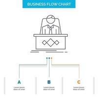 juego. jefe. leyenda. Maestro. diseño de diagrama de flujo de negocios de ceo con 3 pasos. icono de línea para el lugar de plantilla de fondo de presentación para texto vector