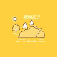 Cerro. paisaje. naturaleza. montaña. icono lleno de línea plana de lluvia. hermoso botón de logotipo sobre fondo amarillo para ui y ux. sitio web o aplicación móvil vector