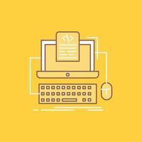 código. codificación. computadora. monobloque. icono lleno de línea plana de pantalla. hermoso botón de logotipo sobre fondo amarillo para ui y ux. sitio web o aplicación móvil vector