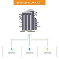 edificio. tecnología. ciudad inteligente. conectado. diseño de diagrama de flujo de negocios de Internet con 3 pasos. icono de glifo para el lugar de plantilla de fondo de presentación para texto. vector