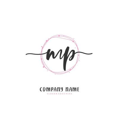 MP Initial handwriting and signature logo design with circle. Beautiful design handwritten logo for fashion, team, wedding, luxury logo.
