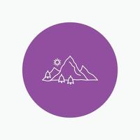 montaña. paisaje. Cerro. naturaleza. icono de línea blanca de árbol en el fondo del círculo. ilustración de icono de vector