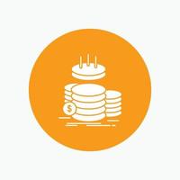 coins. finance. gold. income. savings White Glyph Icon in Circle. Vector Button illustration