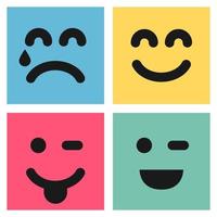 Set of four colorful emoticons with smiley and crying faces. Emoji icon in square. Flat background pattern. Vector illustration