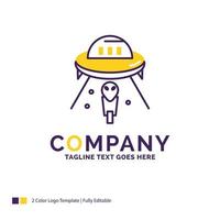 diseño del logotipo del nombre de la empresa para alienígenas. espacio. OVNI. astronave. Marte. diseño de marca púrpura y amarillo con lugar para eslogan. plantilla de logotipo creativo para pequeñas y grandes empresas. vector