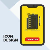 pericia. Lista de Verificación. controlar. lista. icono de glifo de documento en el móvil para la página de descarga. fondo amarillo vector