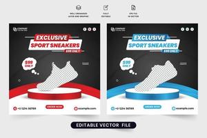 Modern sports sneakers promotional web banner design with discount offers. Exclusive sports shoe sale social media post vector with red and blue colors. Shoe sale template for digital marketing.