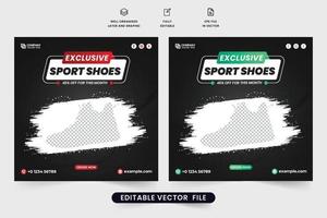 Exclusive sports shoe social media post design on dark backgrounds. Creative shoe business template design for digital marketing. Modern sneakers sale template vector with brush effects.