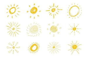 Hand drawn suns. Big set of simple sketch suns. Solar symbol. Yellow doodle isolated on white background. Vector illustration.