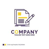 Company Name Logo Design For document. file. page. pen. Resume. Purple and yellow Brand Name Design with place for Tagline. Creative Logo template for Small and Large Business. vector