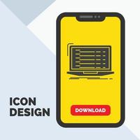 API. aplicación codificación. desarrollador. icono de glifo portátil en el móvil para la página de descarga. fondo amarillo vector
