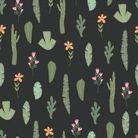 Seamless vector pattern with leaves and flowers in doodle style.