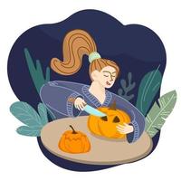 Happy woman carving a pumpkin lantern. Smiling girl is preparing for Halloween celebration. Flat vector illustration in doodle style.