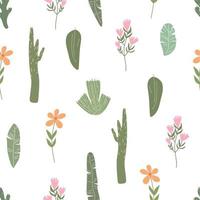 Seamless vector pattern with leaves and flowers in doodle style.