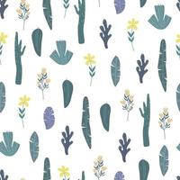 Seamless vector pattern with leaves and flowers in doodle style.