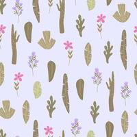 Seamless vector pattern with leaves and flowers in doodle style.