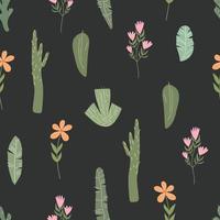 Seamless vector pattern with leaves and flowers in doodle style.