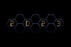 Happy new year. Gloden of 2023 with blue line hexagonal on black background. vector