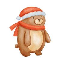 Watercolor Baby Bear character with winter scarf and hat. Hand drawn cute woodland animal. Cartoon illustration isolated on white. vector