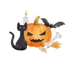 Watercolor ghost, candy and black cat. Set of Illustrations for Halloween isolated on white vector