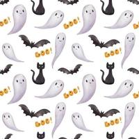 Seamless pattern for Halloween party with ghost and bat. Bright watercolor endless pattern on white vector