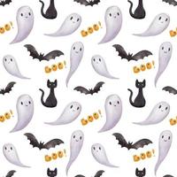 patrones sin fisuras para la fiesta de halloween con fantasmas y murciélagos. patrón sin fin de acuarela brillante en blanco vector