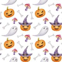 Seamless pattern for Halloween party. Pumpkin, witch hat and ghost. Bright watercolor endless pattern with bones on white vector