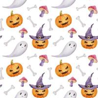 Seamless pattern for Halloween party. Pumpkin, witch hat and ghost. Bright watercolor endless pattern with bones on white vector