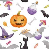 patrones sin fisuras para la fiesta de halloween. calabaza, murciélago, sombrero de bruja y gato negro. patrón sin fin de acuarela brillante en blanco vector