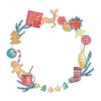 Watercolor wreath with gingerbread deer and man cookies, sweets, Christmas tree branches and cocoa isolated on white background. vector