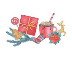 Christmas elements composition for card. Watercolor Hot chocolate with Christmas Candy Cane with marshmallow and sock isolated on white background. vector