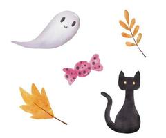 Watercolor ghost, candy and black cat. Set of Illustrations for Halloween isolated on white vector