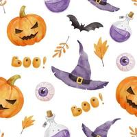 Seamless pattern for Halloween party. Pumpkin, bat, witch hat and eye. Bright watercolor endless pattern on white vector