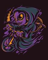 vector illustration artwork of an alien character wearing a grim reaper cloak while carrying a bicycle