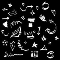 Doodle elements for concept design on set. isolated on black background. Infographic elements. Emphasis, curly swishes, swoops, swirl, arrow, heart, crown, star. vector illustration.