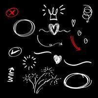 Doodle elements for concept design on set. isolated on black background. Infographic elements. Emphasis, curly swishes, swoops, swirl, arrow, heart, crown, star. vector illustration.