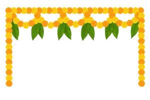 Traditional Indian flower garland with marigold flowers and mango leaves. Decoration for Indian Hindu holidays. Vector illustration isolated on white background.