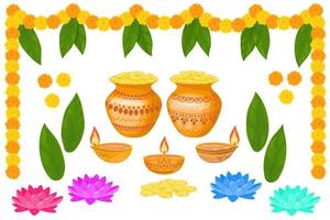 Set of Indian holiday design elements. Vector illustration isolated on white background. Happy Diwali light festival.