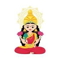 Goddess Lakshmi with of money and flowers in her hands. Vector cartoon illustration isolated on white background.