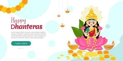 Goddess Lakshmi sitting on the lotus with of money and flowers in her hands. Design for holiday banner template. Traditional Indian festivals. Vector cartoon illustration.