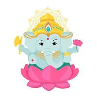 Goddess Ganesha is the Indian god of wealth and abundance sitting on the lotus. Vector cartoon illustration isolated on white background.