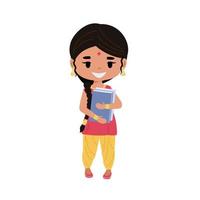 Indian girl in national dress holding books. The concept of education in India. Vector illustration isolated on white background.