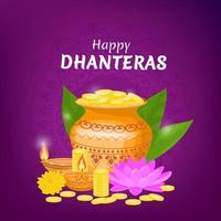 Happy Dhanteras Indian festival of lights Diwali concept. Vector illustration for a poster or banner with gold coins and a pot, lotus and fire.