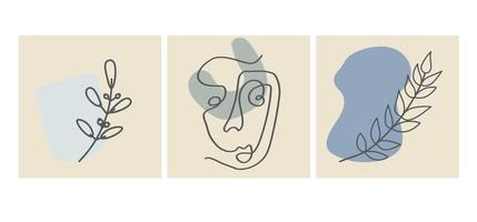 Various faces, leaves and abstract shapes. Contemporary vector illustrations on color backgrouds. Line, minimalistic elegant concept. Perfect for social media, cards, postcards.