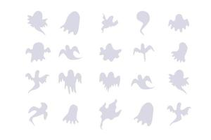 conjunto de horror de espectro de aparición de fantasmas monocromáticos. sombra fantasma divertida. hoja fantasma para el diseño de personajes de halloween. aislado en la ilustración de vector blanco.