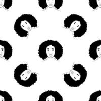 Black females silhouettes, face profile, vignette. Afro woman in profile. Hand drawn vector seamless pattern on white background. Design for invitation, greeting card, vintage style.
