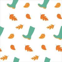 Seamless autumn pattern with falling leaves and rubber boots. Colorful vector art design. Abstract nature background.