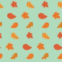 Seamless autumn pattern with falling leaves. Multicolored maple and oak leaves. Colorful vector art design. Abstract nature background.
