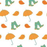 Seamless autumn pattern with polka dot rubber boots and yellow umbrellas. Fall of colorful autumn leaves. Colorful vector art design.
